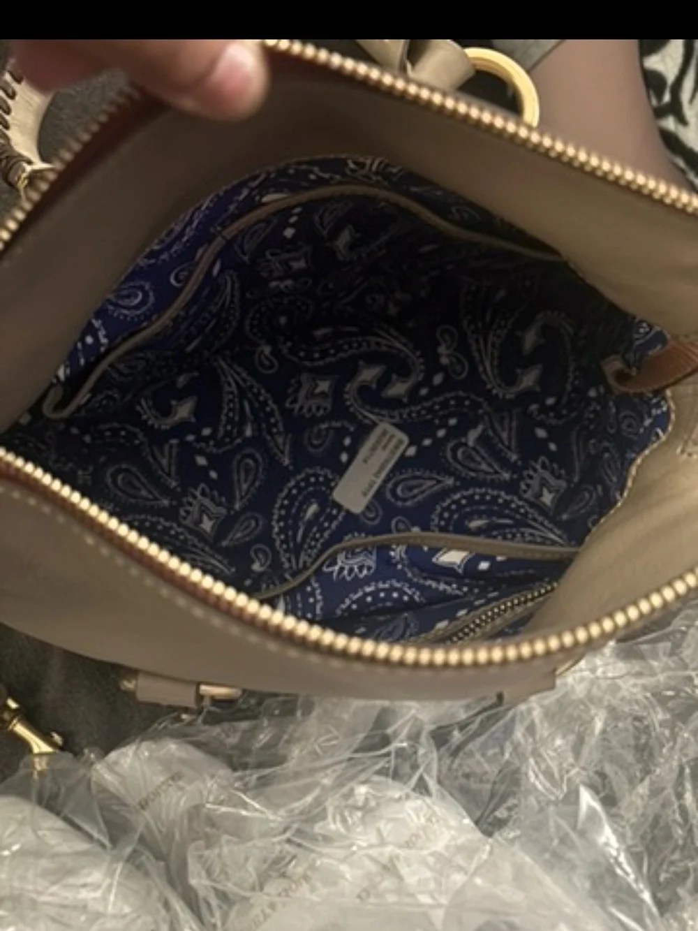Dooney And Burch Taupe Leather  Crossbody Bag with Tassel